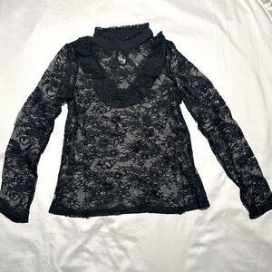 Iris Black Lace Long Sleeve Mock Neck Boho Western Chic Top Size L New NWOT